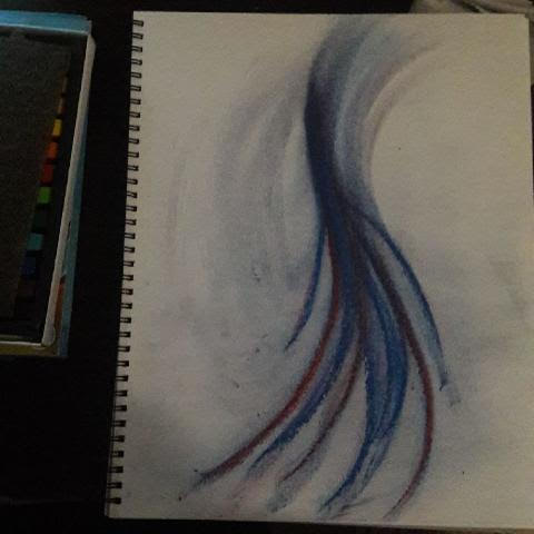 An abstract blue and red pastel drawing